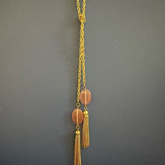 Stylish Gold Tone Lariat Necklace with Tassels & Pink Quartz - Picture 3 of 4